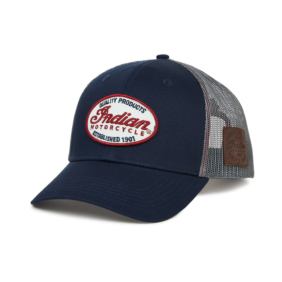 Men's Script Patch Trucker Hat, Blue - Indian Motorcycle Jacket