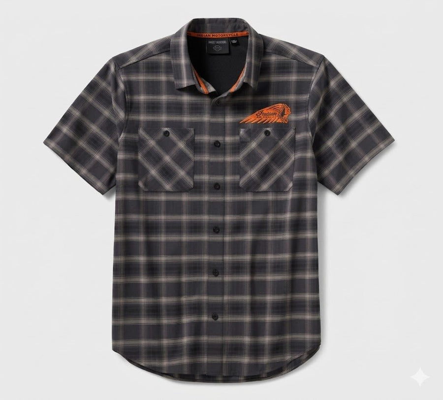 Men's TECH Vented Stretch Comfort Shirt - Plaid - Asphalt & Black - Indian Motorcycle Jacket