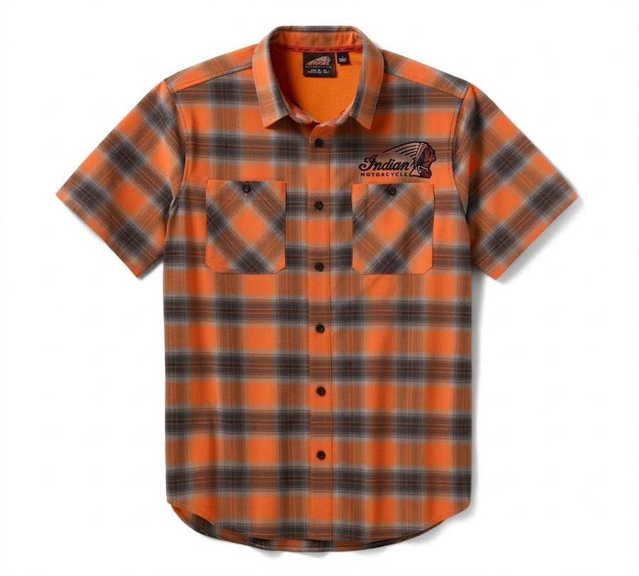 Men's TECH Vented Stretch Comfort Shirt - Plaid - Orange & Black - Indian Motorcycle Jacket