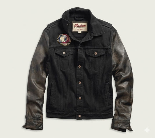 Men's Leather Sleeve Denim Jacket