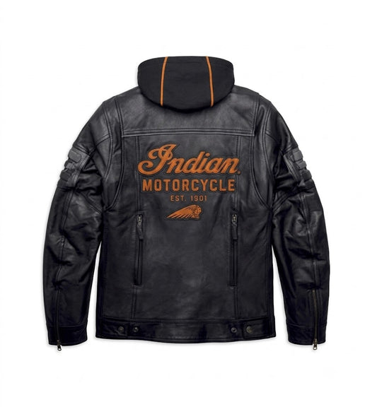 Indian Motorcycle Men's Bridgeport Black Leather Jacket Hoodie 3 in 1