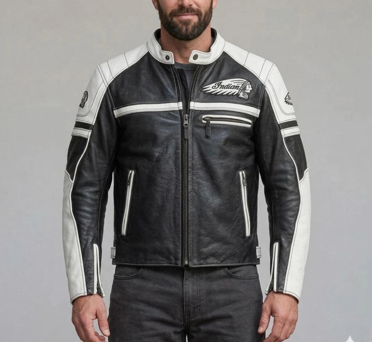 Men’s Black Indian Motorcycle Leather Riding Jacket Vintage Biker Style