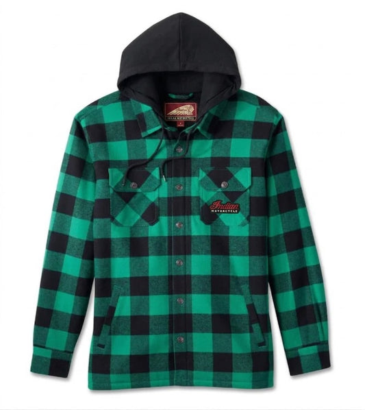 Men's Hooded Shirt Jacket Green Plaid