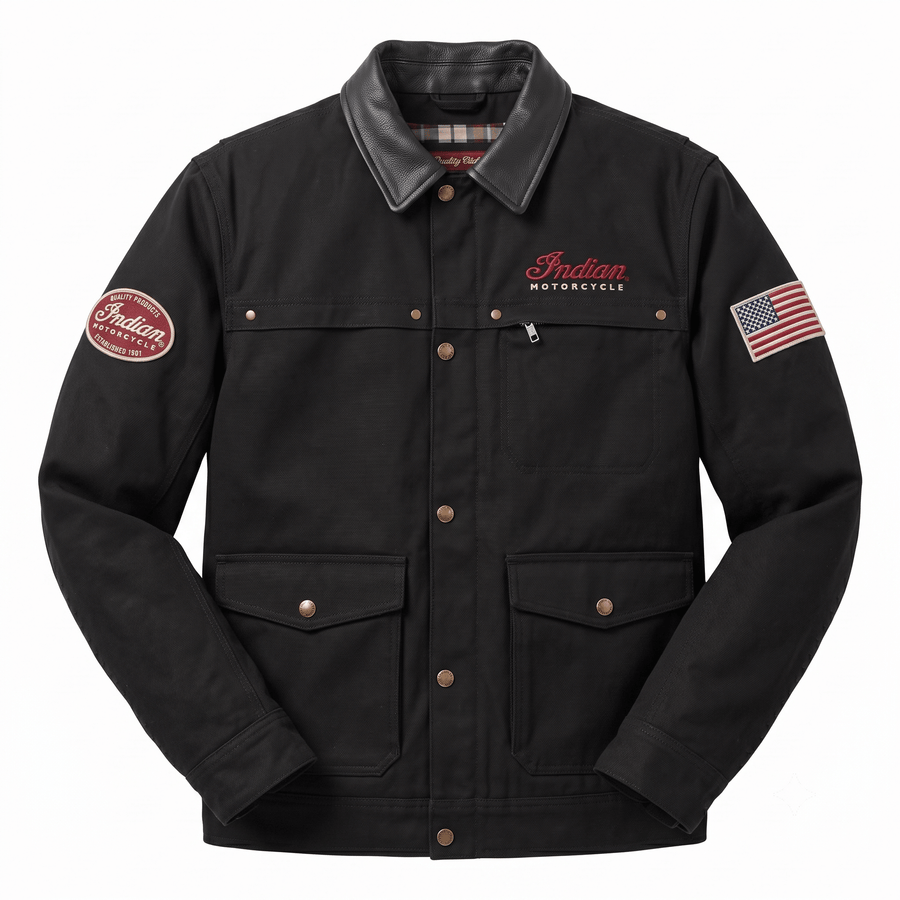 Indian Motorcycle Legend Canvas Jacket – Men's Leather Collar Riding Jacket - Indian Motorcycle Jacket