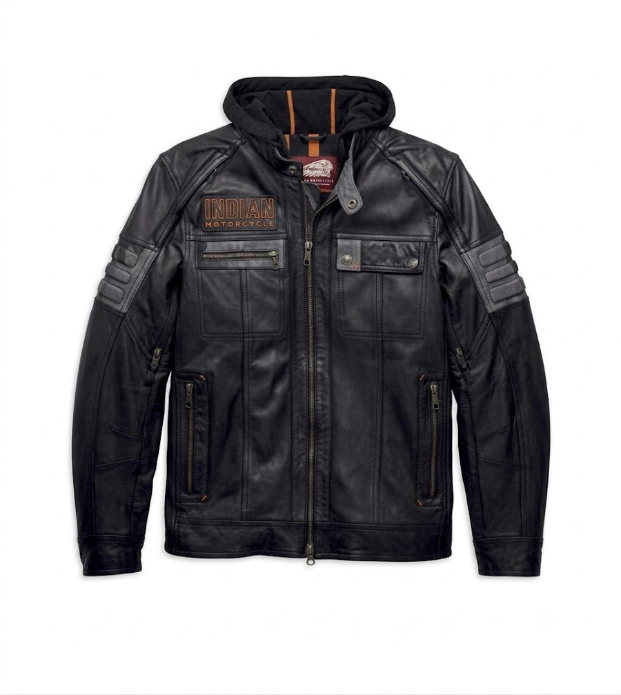Indian Motorcycle Men's Bridgeport Black Leather Jacket Hoodie 3 in 1 - Indian Motorcycle Jacket