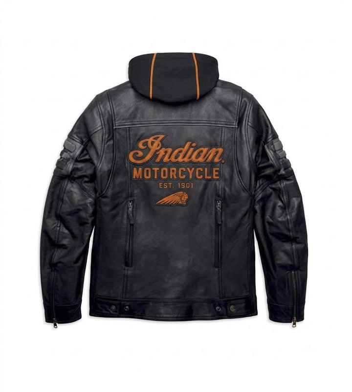 Indian Motorcycle Men's Bridgeport Black Leather Jacket Hoodie 3 in 1