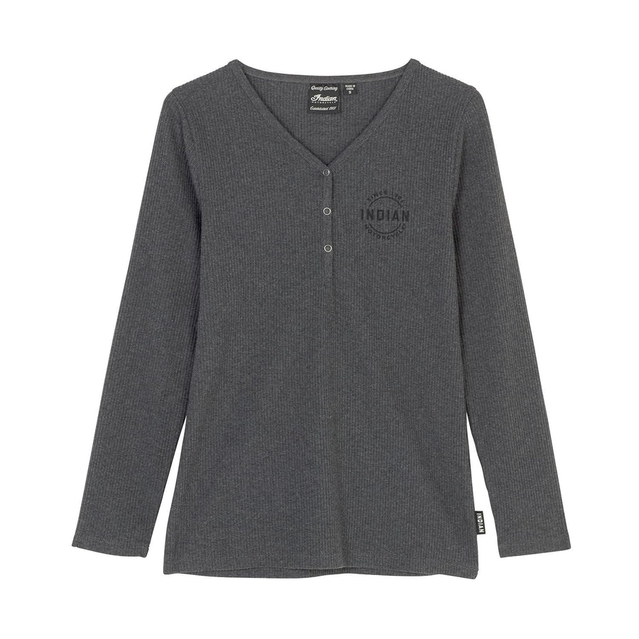 Indian Motorcycle Women's Est. 1901 Block Logo Henley Long Sleeve T-Shirt, Gray - Indian Motorcycle Jacket