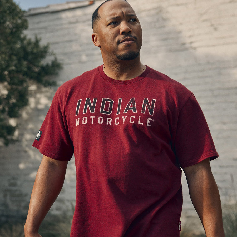 Men's Distressed Block Logo T-Shirt, Port - Indian Motorcycle Jacket