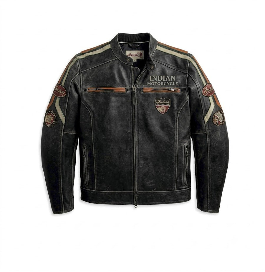 Men's Distressed Trenton Mesh Riding Incinerator Vintage Leather Jacket - Indian Motorcycle Jacket