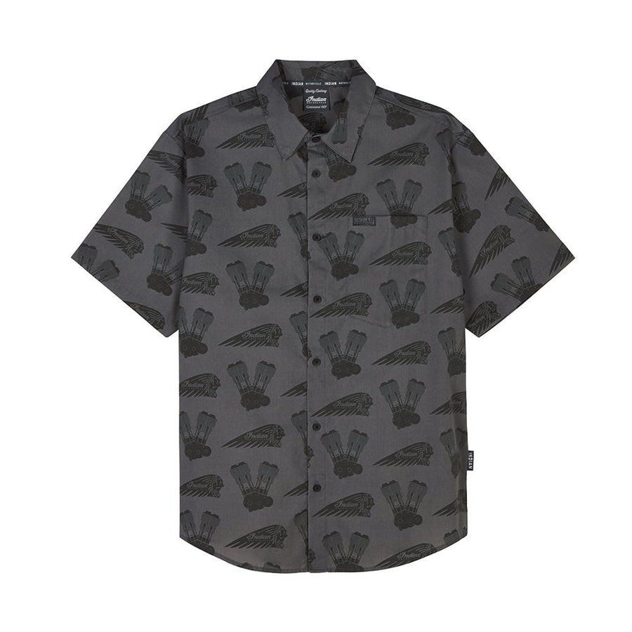 Men's Engine Headdress Print SS Shirt, Gray - Indian Motorcycle Jacket