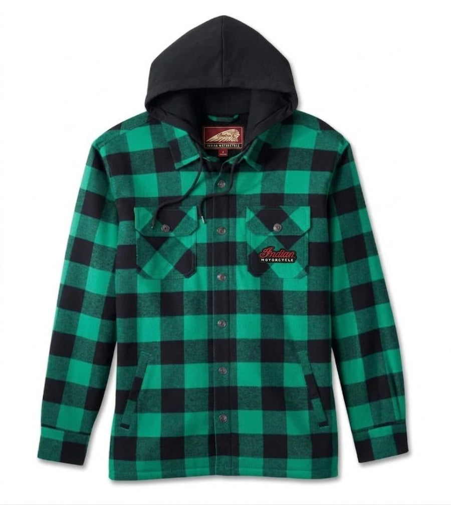 Men's Hooded Shirt Jacket Green Plaid - Indian Motorcycle Jacket