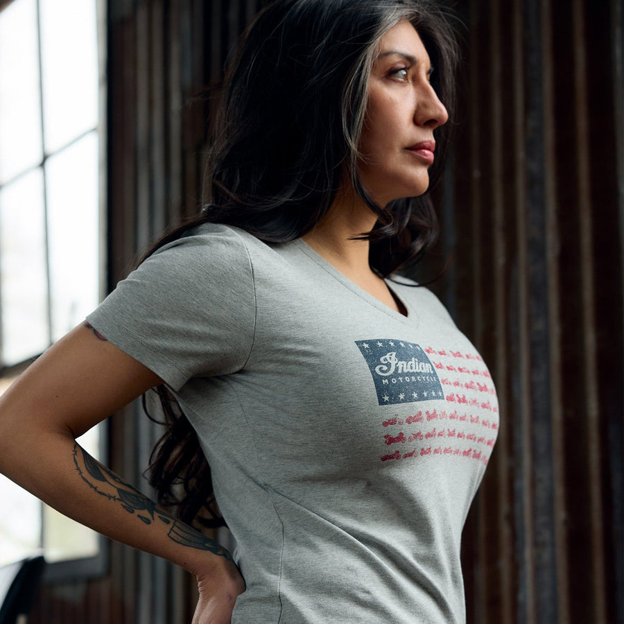 Women's Flag Bikes Print T-shirt, Gray - Indian Motorcycle Jacket